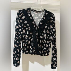 Floral Black Lace Trim Women's Top
